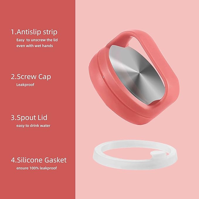 IDEUS Insulated Stainless Steel Water Bottle with 2 Leak-Proof Lids, Thermal Water Flask for Hiking Biking, 18oz, Red