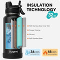 Swigina [2-IN-1 LID] Insulated Water Bottle with Silicone Boot (36hrs Cold/18hrs Hot) - DIY Stickers, Leakproof, BPA Free, 32 oz