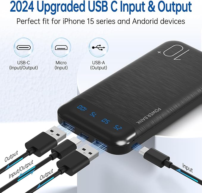 YOBON Power Bank 10000mAh Portable Charger Slim Battery Pack with 2 USB 2.4A Outputs and USB C in/Out Compatible with Huawei iPhone 16 15 14 13 12 iPad Samsung Galaxy S20 Android Tablet (Dark Black)