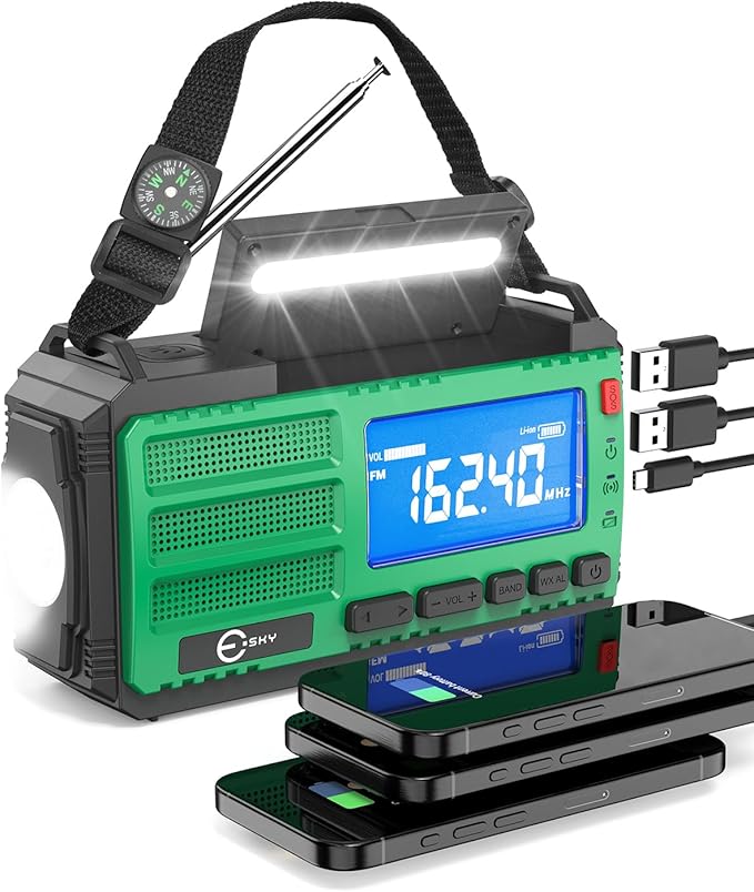 Esky 10000mAh/37000mWh Emergency Hand Crank Radio, AM/FM/NOAA Portable Rechargeable Weather Alert Radio with Flashlight, Compass Reading Lamp, Solar Powered for Outdoor Camping Survival Gear