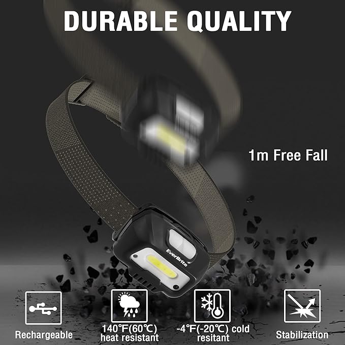 EverBrite Rechargeable Headlamp, LED Bright Motion Sensor Head Lamp Flashlight with 6 Modes, Adjustable Headlight for Adults with White Red Light, Water Resistant, Black, for Hiking, Running, Camping