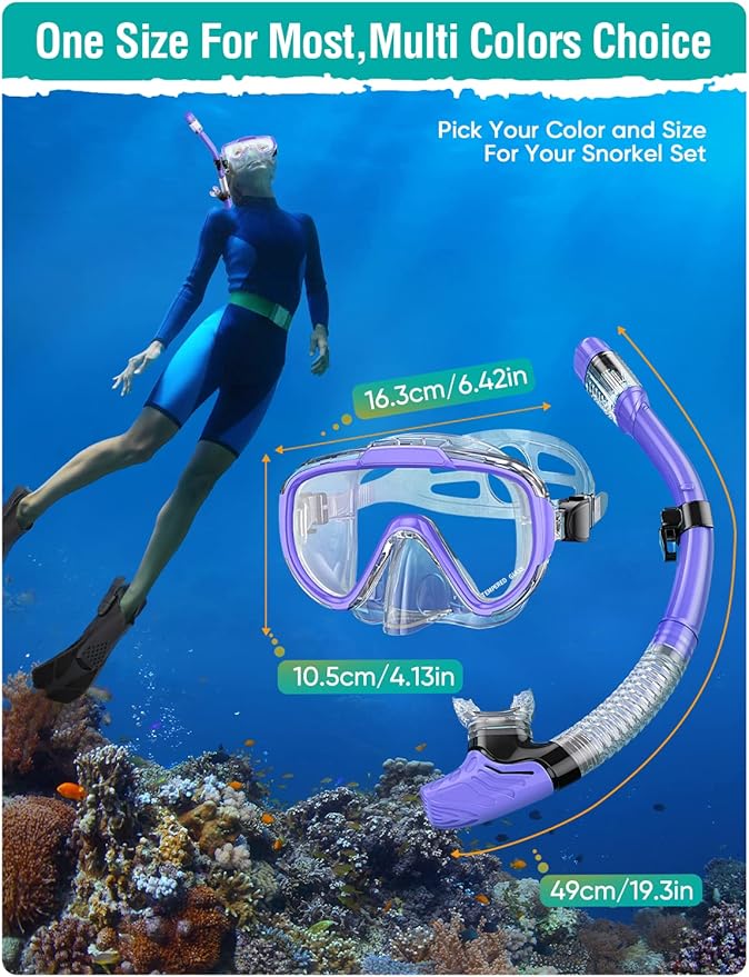 Snorkel Set Adults Snorkeling Gear Anti-Fog Panoramic View Swim Mask Dry Top Snorkel Kit with Carry Bag for Snorkeling Scuba Diving Swimming Travel