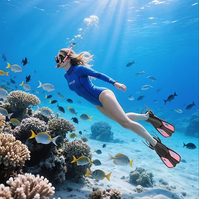 Snorkeling Gear for Adults Men Women, 3 in 1 Snorkel Set with Panoramic View Diving Mask Anti-Fog Anti-Leak, Snorkel Mask Dry Top Snorkel Fins for Swimming, Snorkeling and Travel Diving