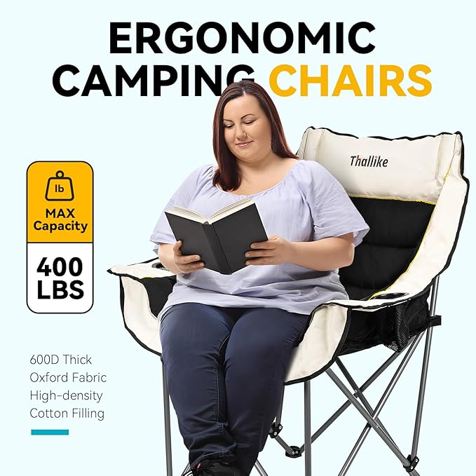 Oversized Camping Chair for Adults – Heavy Duty Folding Chair with Cup Holders, Storage Pocket & Carry Bag – Outdoor Padded Camp Chair for Camping, Backyard, Fishing & Sports – Supports 400lbs