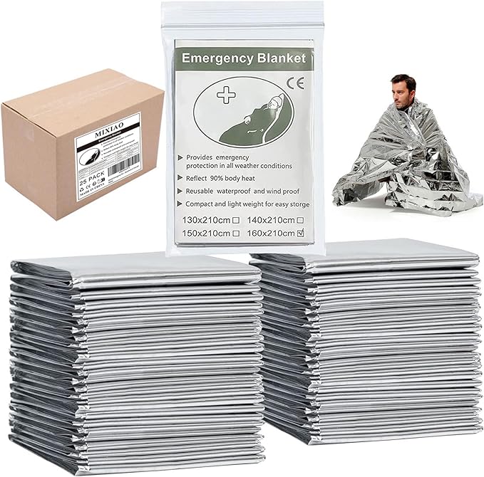 Emergency Foil Thermal Blanket (Pack of 25), 210 x 160 cm (82" x 63") Emergency shelter Survival Reflective Blankets Perfect for Outdoors, Hiking, Survival, Marathons or First Aid