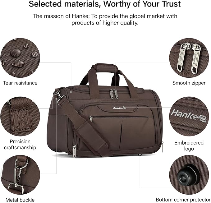 Hanke Small Travel Duffel Bag, Under Seat Carry On Personal Item Bag with 11 Pockets, Lightweight Water Resistant Foldable Weekender Bag with Trolley Sleeve for Travel Gym Daily Use（Coffee）