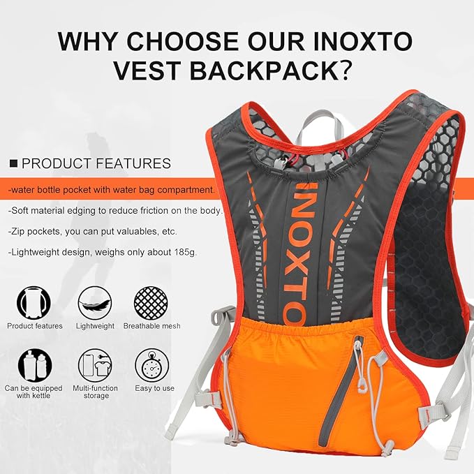 INOXTO Hydration Vest Backpack,Lightweight Water Running Vest Pack with 1.5L Water Bladder Bag Daypack for Hiking Trail Running Cycling Race Marathon for Women Men