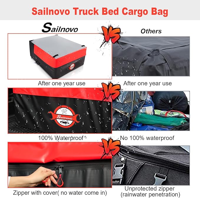 Sailnovo Truck Bed Cargo Bag, 26 Cubic ft 100% Waterproof Cargo Bag for Truck Bed, Heavy Duty PVC Truck Cargo Bag Fits Any Truck Size with 6 Stretch Cord, Packing Bag (50''x40''x22'') Red