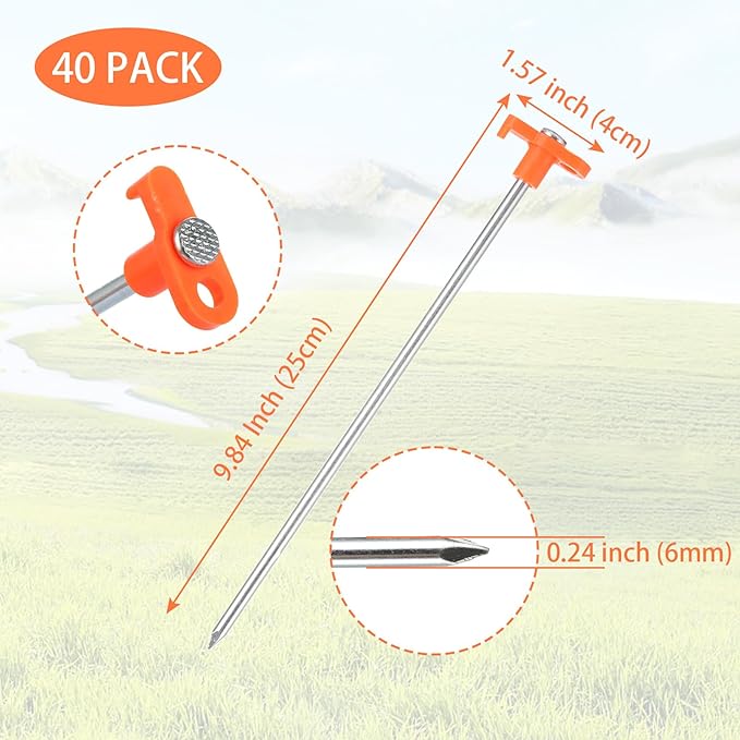 APACALI 40 PCS Metal Tent Stakes Heavy Duty, 10 Inch Yard Stakes Non-Rust Metal Tent Pegs Ground Stakes Tent Spikes Camping Accessories for Camping Patio, Garden, Canopies, Grassland, Outdoor