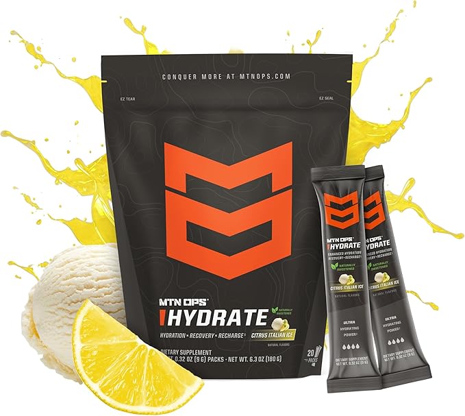 MTN OPS Hydrate Electrolytes Powder Drink Mix, Naturally Sweetened with Monk Fruit, Gluten Free 20 Single Serving On-The-Go Electrolyte Packs, Citrus Italian Ice