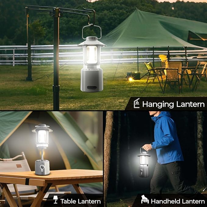 Camping Lantern Rechargeable, 8000mAh Power Bank, Telescopic Tent Light with 360° Lighting, Dual Light Source (LED & Vintage Filament), 3 Light Modes (2000K-6500K) Tent Lamp for Camping, Emergency