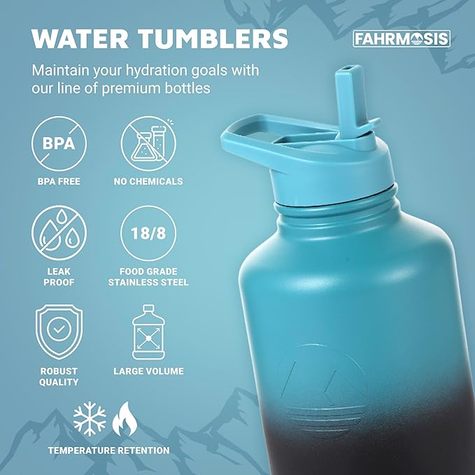 64 Oz Insulated Water Bottle with Strap Stainless Steel Sports Water Bottle with 3 Lids (Straw, Chug and Flip Lid) Leak Proof Metal Half Gallon Jug for Men & Women - Indigo Green