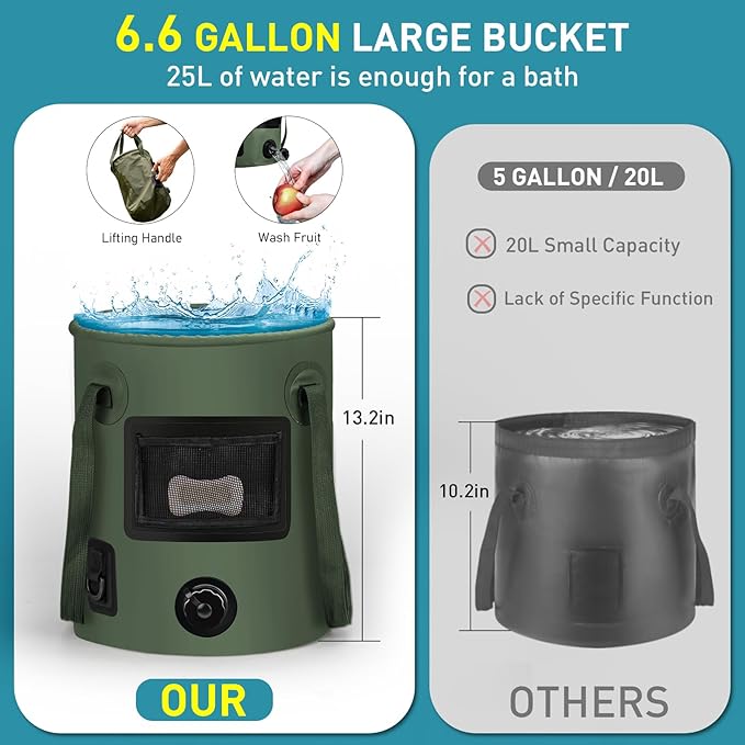 Portable Camping Shower, Pop Up Shower Privacy Tent Kit with LED Lights, 4500mAh Rechargeable Shower Pump, Filtered Shower Head & 7.4 Gallons Foldable Bucket, Outdoor Shower for Hiking Beach, Travel