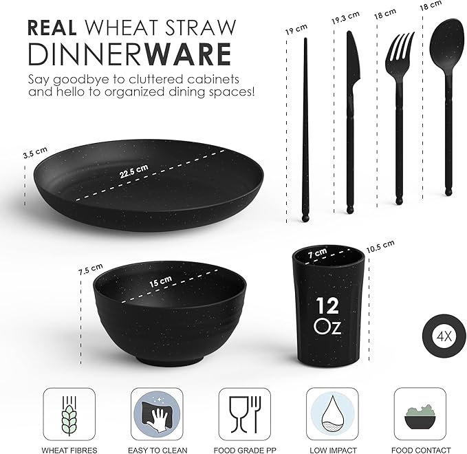 Wheat Straw Dinnerware Sets For 4 - Alternate To Black Plastic Dishes - Dishwasher Microwave Safe Plates And Bowls Sets - Unbreakable Wheat Straw Plates And Bowls - Camping Dishes