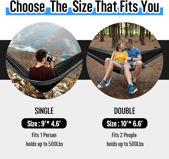 Grassman Camping Hammock Double & Single Portable Hammock with Tree Straps, Lightweight Nylon Parachute Hammocks Camping Accessories Gear for Indoor Outdoor Backpacking, Travel, Hiking, Beach