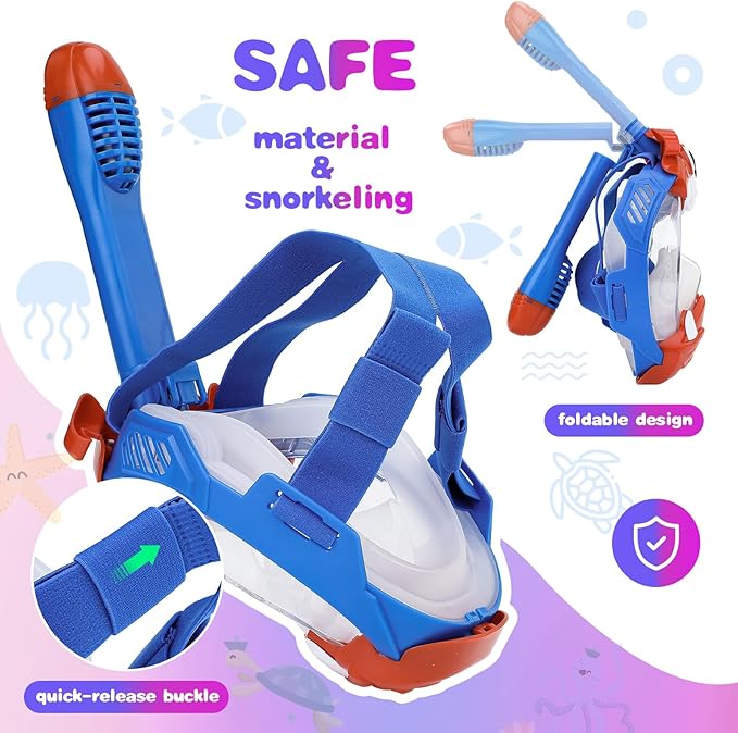 Full Face Snorkel Mask for Kids 4-16, 180 Degree Panoramic View Snorkeling Set Anti-Fog Anti-Leak, Foldable Dry Top Snorkeling Gear for Kids