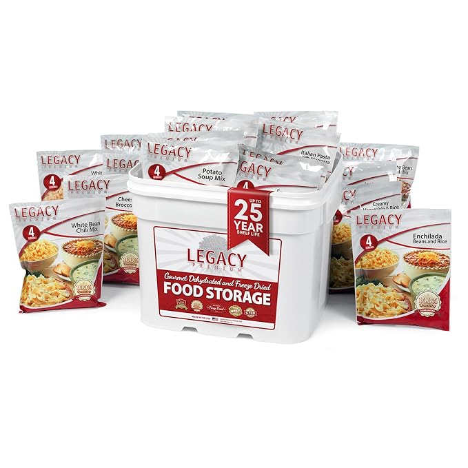 Legacy Food Storage 120 Serving Emergency Food Supply Bucket, 15 Entrees, 45,720 Total Calories, Shelf Stable Lunch & Dinner, Freeze Dried Survival Meals for MRE Camping, Hiking, Prepping