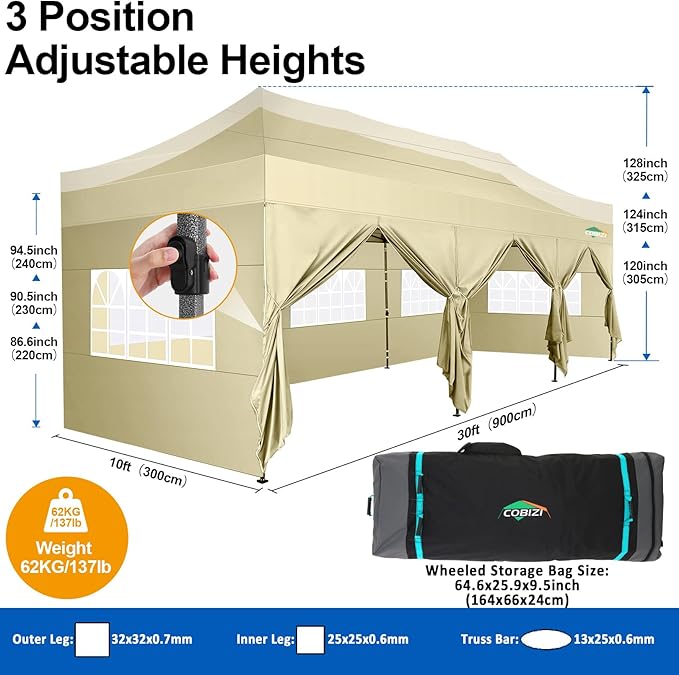 COBIZI 10x30 Pop up Canopy Tent 10x30 Canopy with 8 Sidewalls Waterproof Heavy Duty Commercial Canopy Tent for Parties Outdoor Tent Garden Gazebo Tent, Carry Bag with Wheel(10x30ft,Khaki)