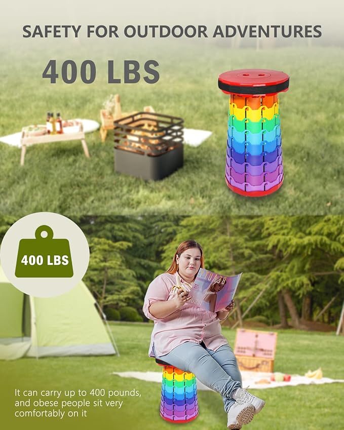 Upgraded Collapsible hickened Portable Camping Stool with Adjustable Height and Retractable for Fishing, Hiking, BBQ, Concert Party, Outdoor (Rainbow Red)