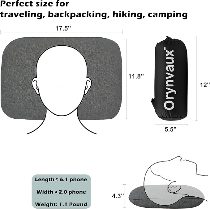 Memory Foam Camping Pillow - Lightweight & Portable Small Travel Pillow for Airplane & Train Travel, Camping, Backpacking, Removable Washable Cover, Easy to Clean, Includes Storage Bag