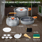 Onlyfire 14pcs Camping Cookware Mess Kit, Non-Stick Lightweight Pot Pan Kettle Set with Plates Forks Knives Spoons for Camping, Backpacking, Outdoor Cooking and Picnic CT604