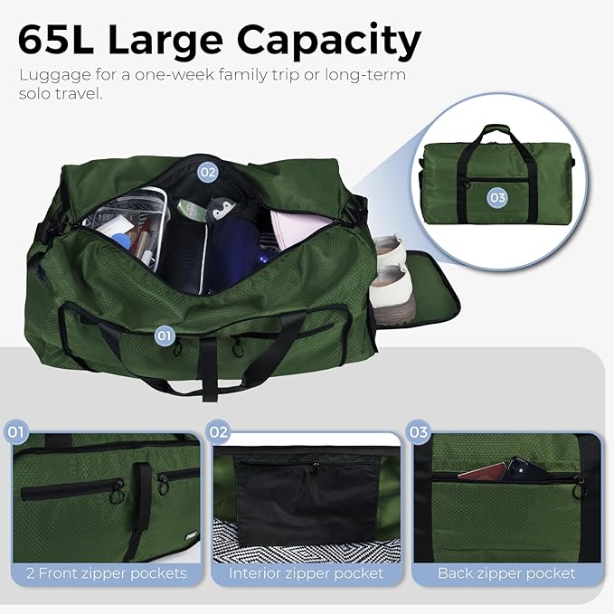 Fmeida 65L Duffle Bag with Shoes Compartment, Foldable Travel Duffel Bags for Men Women, Large Packable Travel Bag Water Repellent & Tear Resistant (Green)