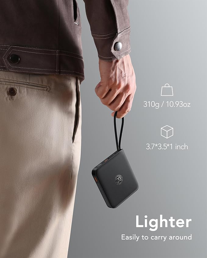 VRURC 20000mAh Portable Charger with Built-in Cables, Travel Essentials, 22.5W Fast Charging Power Bank for iPhone, Phone Battery Pack for iPhone 16 15 14 13 12 11 x Samsung Galaxy Series(1 Pack)