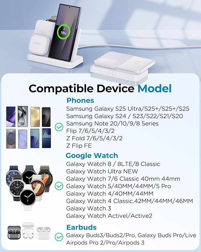 EGV Wireless Charger for Samsung – 3 in 1 Wireless Charging Station for Galaxy S25 Ultra S24 S23, Z Fold Flip 7/6, Detachable Watch Charger for Galaxy Ultra 8/7, Foldable, No Adapter, White