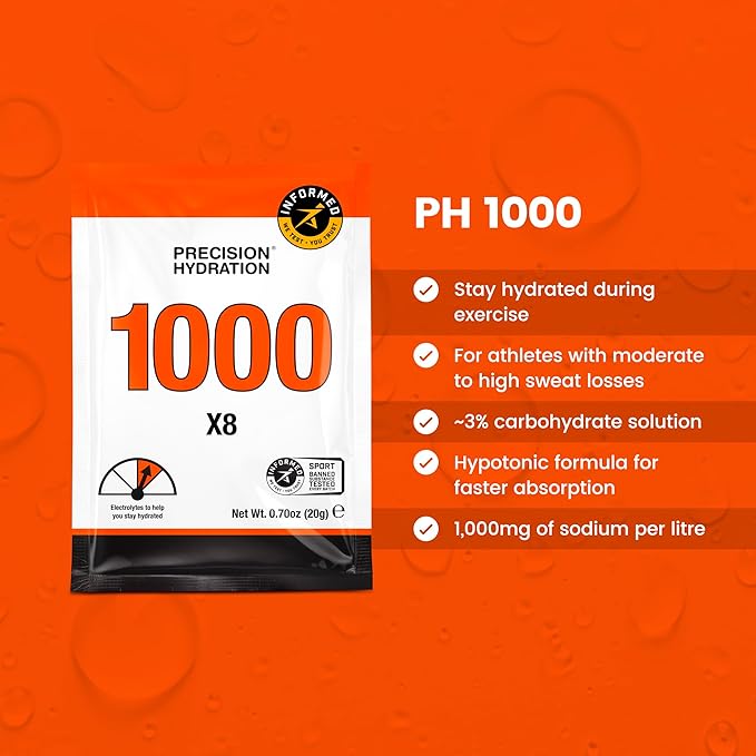 Precision Hydration Electrolyte Powder - No Artificial Ingredients, Multi Strength Hydration Packets - Individual Waterproof Servings - Gluten/Dairy Free, 1 Box (8 Packets, 1000mg/L-Orange)