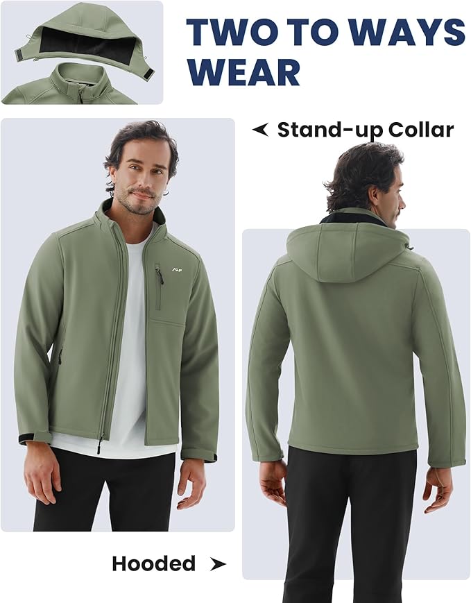 WULFUL Men's Softshell Jacket Waterproof Lightweight Insulated Windbreaker Fleece Lined Rain Shell Jacket for Hiking Travel