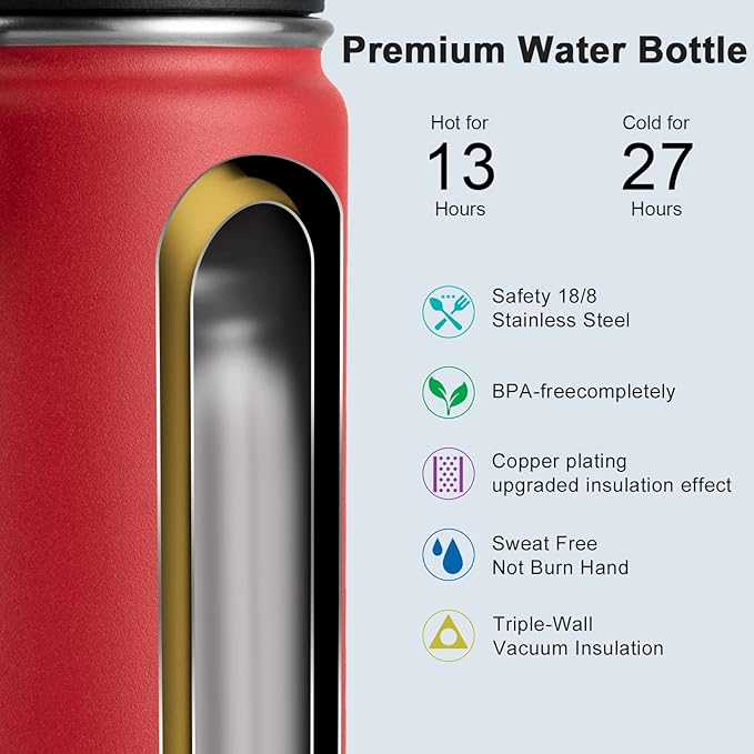 koodee Kids 16 oz Stainless Steel Vacuum Insulated Water Bottle for Back to School Wide Mouth Flask with Leakproof Spout Lid (Canyon Red)