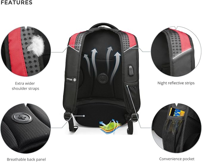 Swissdigital Design Men's Laptop Backpack for College and Business Travel with Integrated USB Charging Port and RFID Protection Fits 15.6" Laptops Black/Red | J14-41