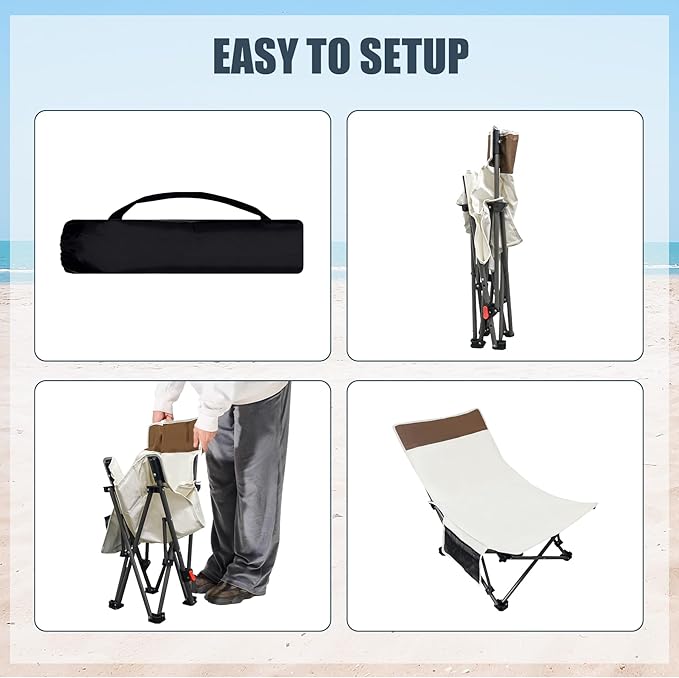 Compact Backpack Beach Chairs 2 Pack with Adjustable Backrest & Side Pocket, Low Folding Camping Chairs for Adults, Portable Reclining Chairs for Beach, Lawn, Travel