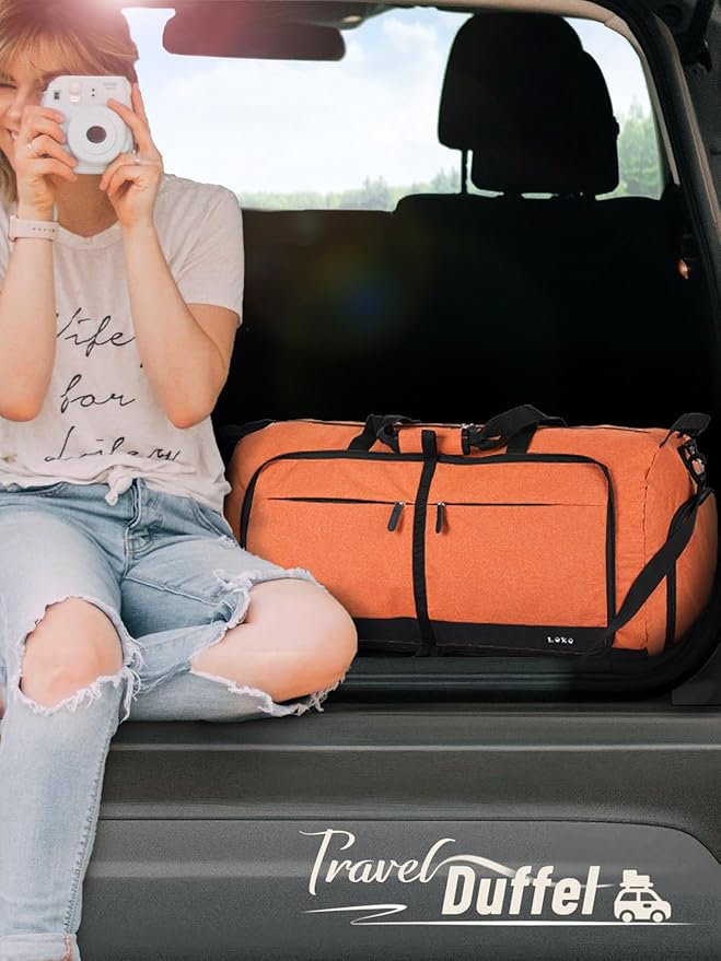 Lekesky Foldable Travel Duffel Bag for Women, 80L Large Duffle Bag with Separate Shoes Compartments & Straps, Carry On Weekend Bag for Women, Hospital, Overnight(Orange)