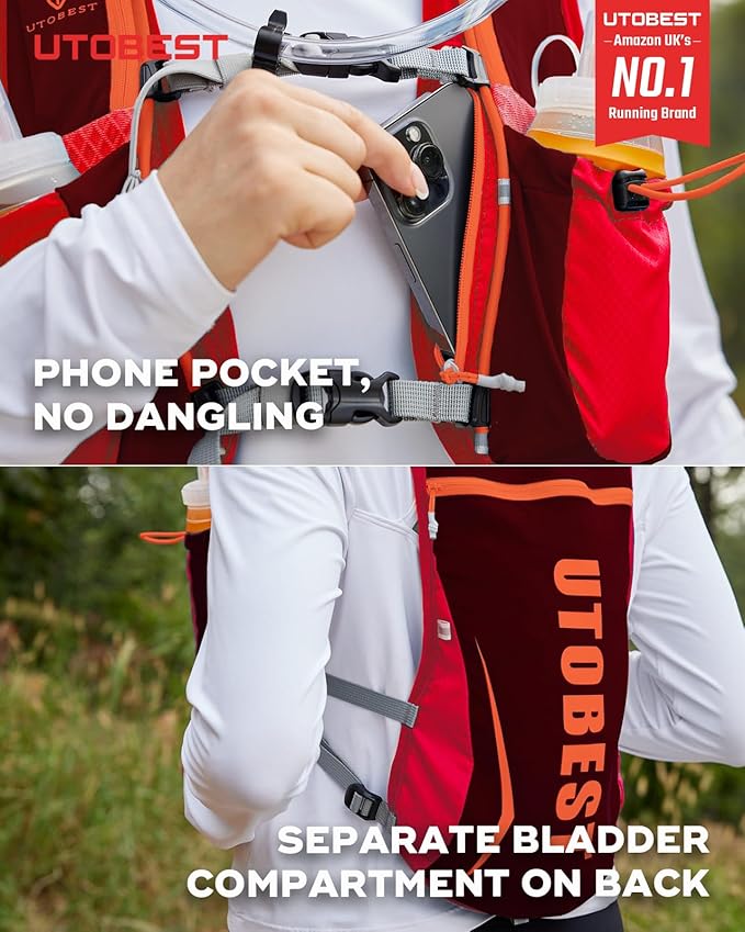 UTOBEST Running Vest, 5L Hydration Vest Lightweight, Breathable and Sweatproof Running Backpack, Adjustable Running Hydration Vest for Trail Running Marathon Race Jogging Cycling