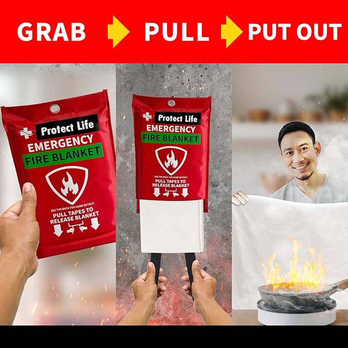 Protect Life Saving Emergency Fire Blankets 1 Pack - 40"x40", Fiberglass Fire Blanket for Home & Kitchen - Fire Suppression or Retardant Tarp - Fire Safety Kit for Car or Camping