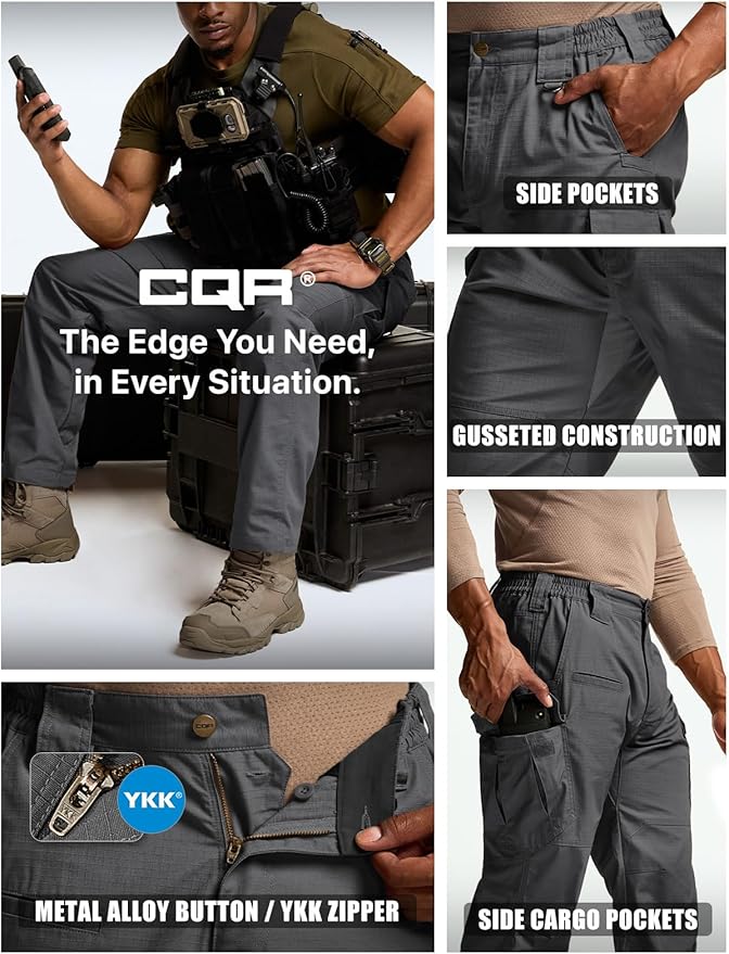 CQR Men's Tactical Pants, Water Resistant Ripstop Cargo Pants, Lightweight EDC Work Hiking Pants, Outdoor Apparel