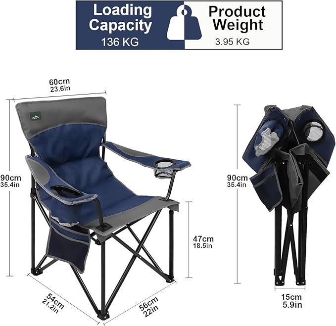 Oversized Folding Camping Chair,Heavy Duty Padded Portable Lawn Chair,Soft&Comfortable,Tear-Resistant Fabric,w/2Extra Large Cup Holder,Storage Pocket,Carry Bag,Outdoor Beach Garden Fishing.Dark Blue