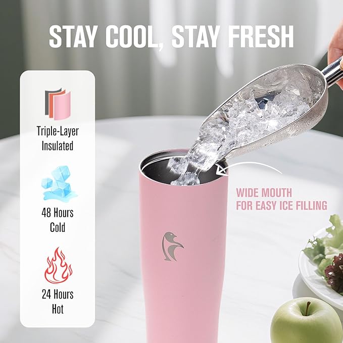 Coolflask Water Bottle 40 oz Fits Car Cup Holder, Slim Tumbler Stainless Steel with Straw & Handle, Vacuum Flask Leakproof Wide Mouth for Travel Sports Gym, Pink