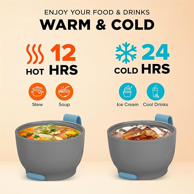 ENERGIFY Vacuum Insulated Food Jar. Large 17oz Bowl incl. Folding Spoon, Cup. Wide Mouth Keep Hot & Cold Drinks Soup Lunch Container for Adults. BPA-Free Stainless Steel, Leak Proof Shiny Blue