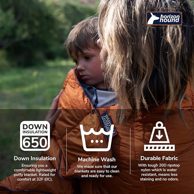 Horizon Hound Down Camping Blanket - Outdoor Travel Quilt | Sustainable, Insulated, Lightweight & Warm Gear for Sleep, Camping, Stadium, Hiking & Festivals | Water Resistant, Packable & Compact