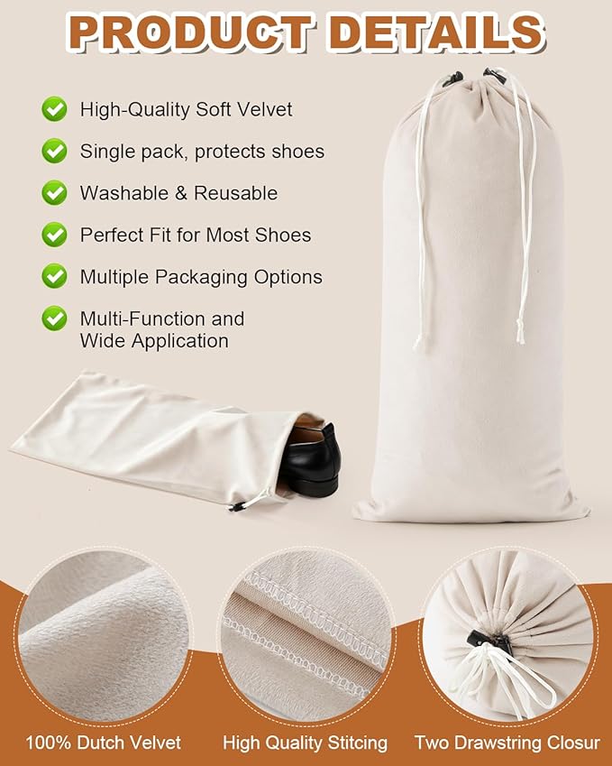 6 Pcs Single Shoe Bags for Travel, 17.3"x8.6" Washable Travel Shoe Bags for Packing in Suitcase, Velvet Dust Bag with Drawstring, Shoe Pouch for Women and Men, Travel and Home Storage (Beige)