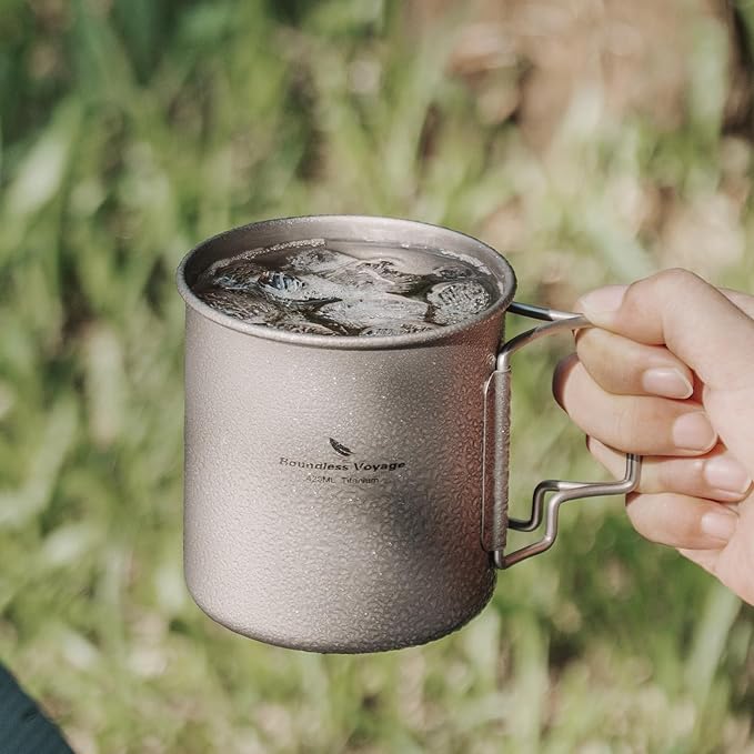 Titanium Coffee Mug Titanium Pots Titanium Cup with Foldable Handle Outdoor Camping Water Mug Tableware 14.3oz/420ml Ti1518B