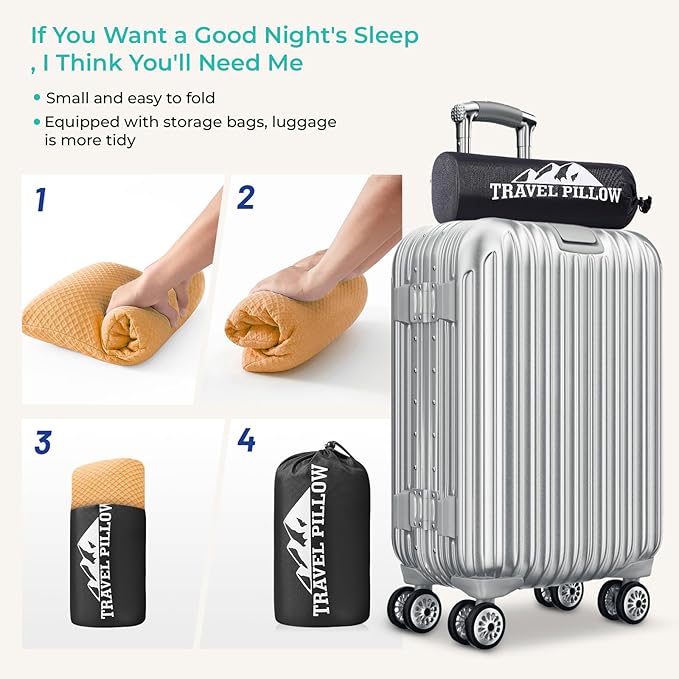 Travel Pillow Memory Foam Pillows, Camping Pillow-Compressible Medium Firm, Breathable Cover, Ideal Backpacking Hiking, Bed Pillows, Airplane and Car (Apricot Yellow, M)