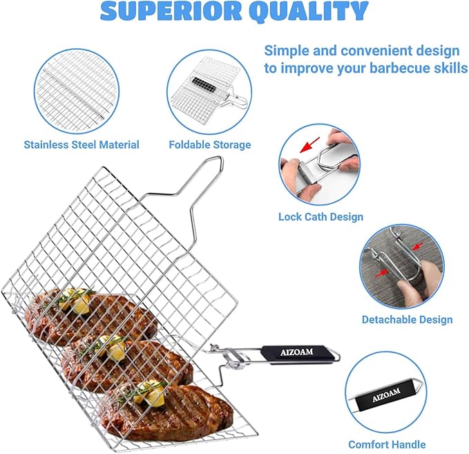 Shallow Grill Basket Fish Grill Basket, Fish Grilling Basket BBQ Fish Grill Baskets for Outdoor Grill,Grill Basket with Removable Handle. Perfect for Grilling Fish Fillets