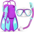 Snorkeling Gear for Kids Ages 5-15, 4 in 1 Mask Fins Snorkel Set with HD Tempered Glass Panoramic View Anti-Fog Mask, Dry Top Snorkel, Adjustable Trek Fins, and Mesh Bag, Kids Snorkel Set for Youth