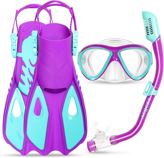 Snorkeling Gear for Kids Ages 5-15, 4 in 1 Mask Fins Snorkel Set with HD Tempered Glass Panoramic View Anti-Fog Mask, Dry Top Snorkel, Adjustable Trek Fins, and Mesh Bag, Kids Snorkel Set for Youth