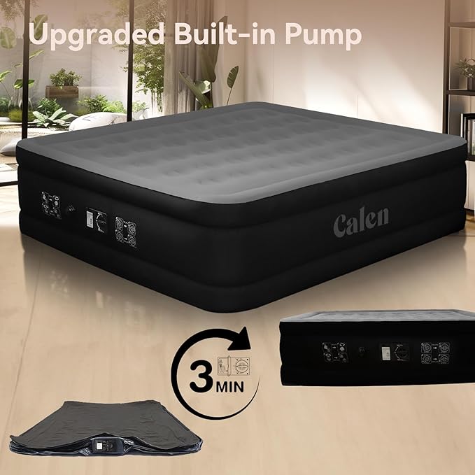 Calen Armor Tech Queen Air Mattress with Built in Pump,18”Luxury Inflatable Mattress with Six Side Protective layer Topper for Camping,Home, Fast Inflation/Deflation Airbed Waterproof Blow up Mattress