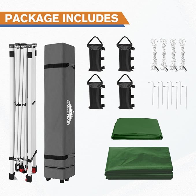 EAGLE PEAK Pop Up Canopy Tent with 1 Sidewall, Easy Setup Event Tent, Outdoor Sun Shade, Wheeled Carry Bag, Stakes and Guy Ropes, Instant Canopy 10x10, Green