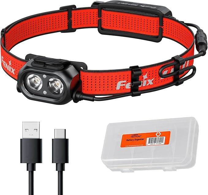 Fenix HP12R-T 1300 Lumen Rechargeable Running Headlamp – Split Battery Design, White/Neutral White/Red Light Modes with Lumentac Organizer (Red)